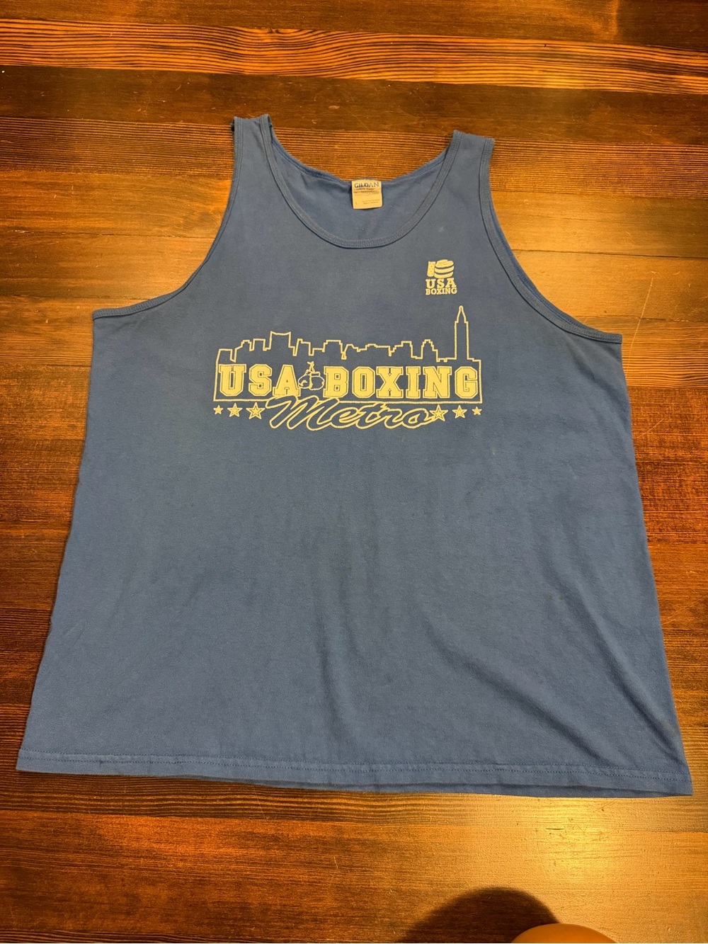 USA Boxing Metro NYC Skyline Graphic Tank Top Blue Gildan Large Gym Boxing